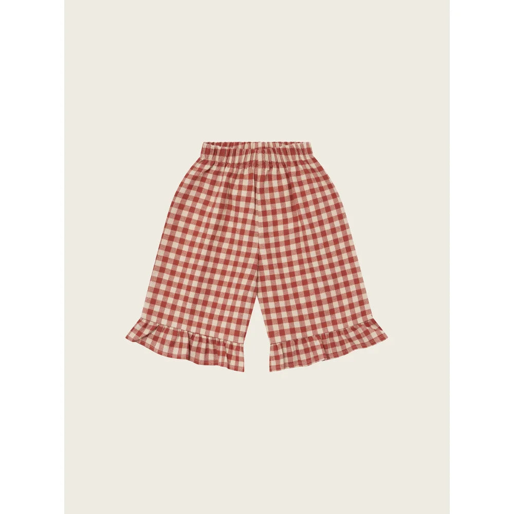 Rote und weiße Karo-Capri-Hosen mit Rüschensaum aus dem Produkt Frill Culottes Paprika Gingham