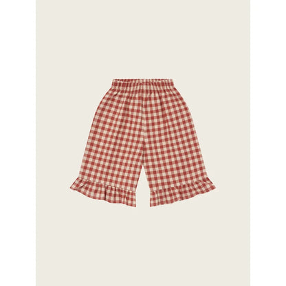 Rote und weiße Karo-Capri-Hosen mit Rüschensaum aus dem Produkt Frill Culottes Paprika Gingham