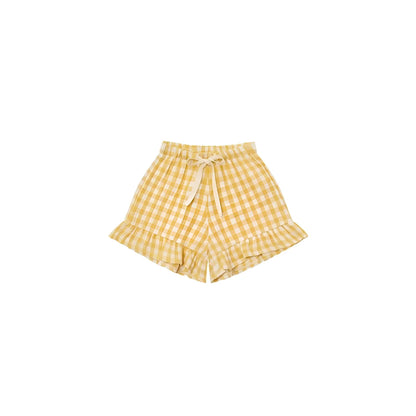 Frill Shorts Honeycomb Gingham: gelb-weiße Karo-Shorts mit Rüschensaum