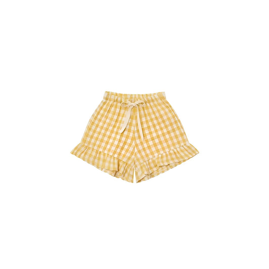 Frill Shorts Honeycomb Gingham: gelb-weiße Karo-Shorts mit Rüschensaum