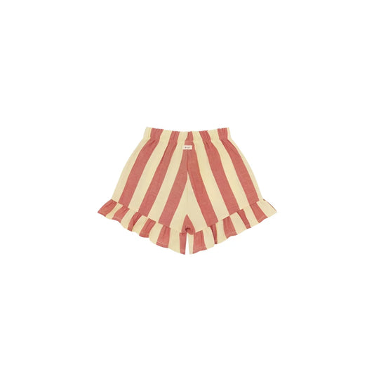Frill Shorts Tomato Stripes: Baumwollshorts mit Korallen-Creme-Streifen und Rüschensaum