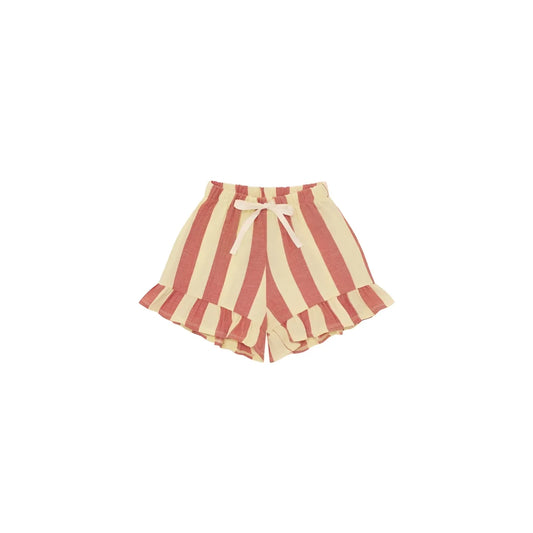 Frill Shorts Tomato Stripes: Koralle-Creme gestreifte Shorts mit Rüschensaum
