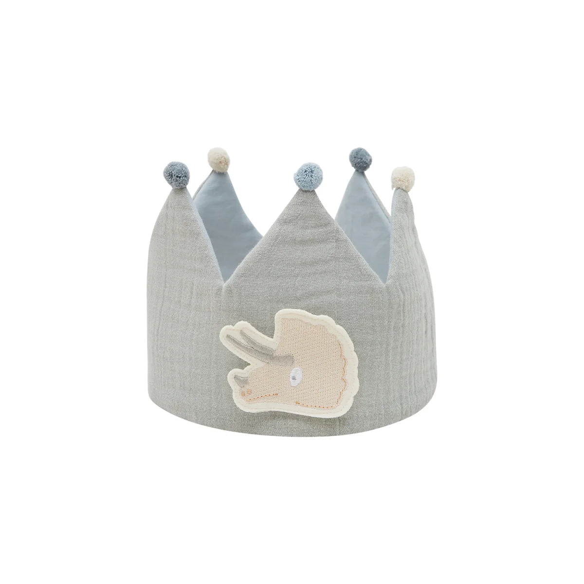Geburtstagskrone blue aus weichem grauem stoff mit triceratops patch und pompons für nachhaltige babykleidung schweiz