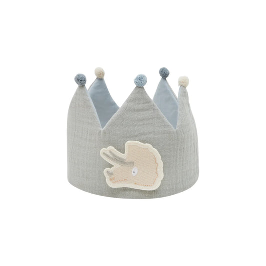 Geburtstagskrone blue aus weichem grauem stoff mit triceratops patch und pompons für nachhaltige babykleidung schweiz
