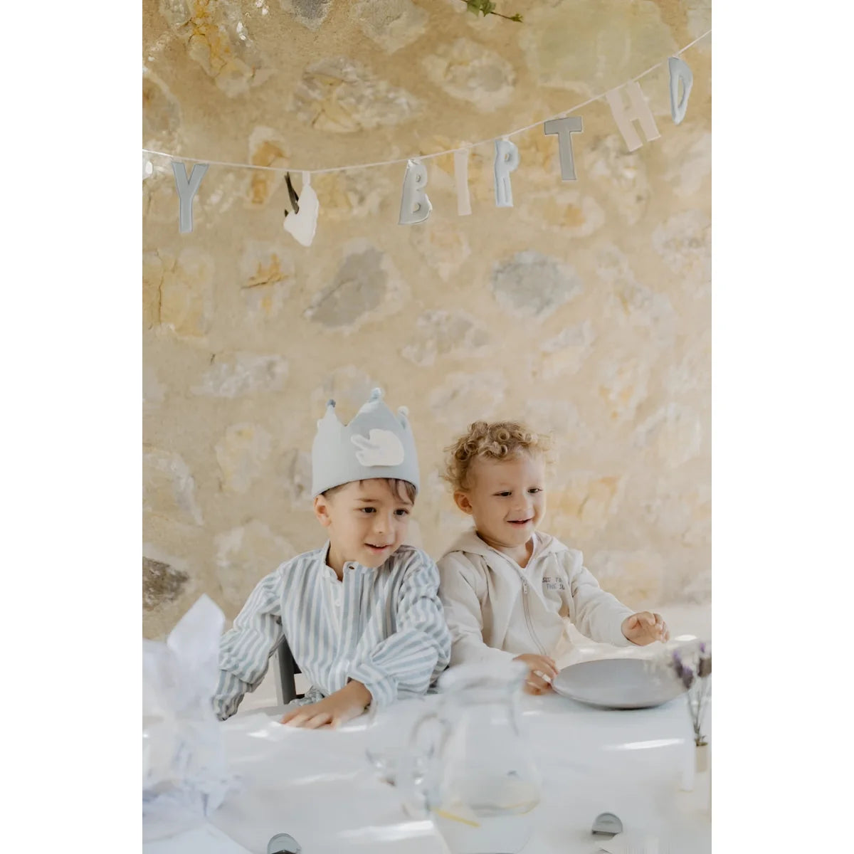 Geburtstagskrone light gray mit weißem vogel emblem für kinder nachhaltige babykleidung schweiz ökologisch