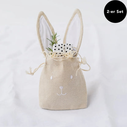 Beige Leinen-Häschen-Geschenkbeutel 2er Set klein mit Stickereien