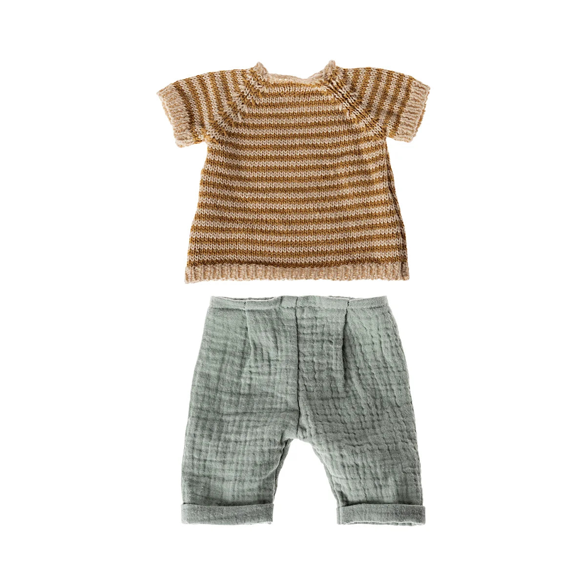 Gestricktes kurzarmshirt in erdigen braun- und cremefarbenen streifen mit weichen mintgrünen shorts nachhaltige babykleidung schweiz