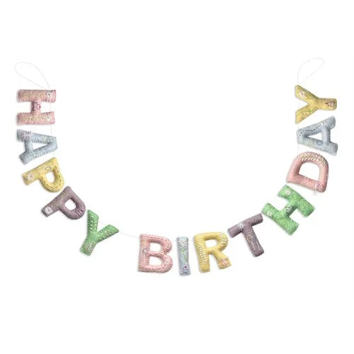Bunte Girlande Happy Birthday aus pastellfarbenem Stoff und Glitzer