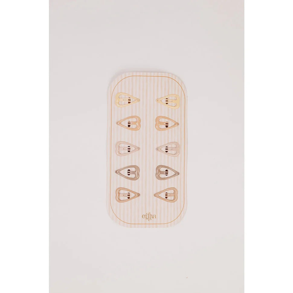 12er goldene Herz-Haarclips auf Holzteller, Glitter Sweetheart