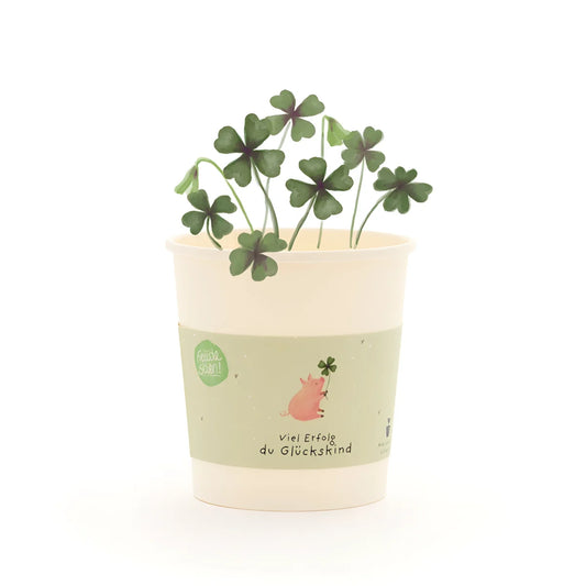 Glückskind becher with cream paper cup and green band showing pink pig with shamrock filled with artificial four-leaf clovers for ökologische baby- & kinderprodukte