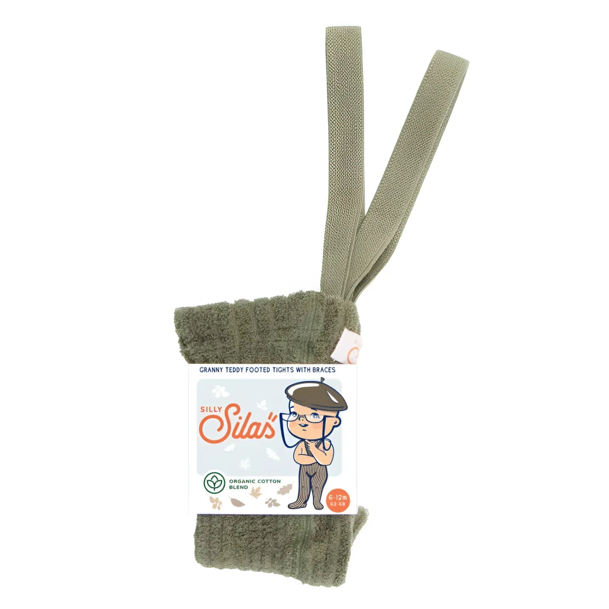 Olivegrüne Strick-Beinwärmer mit befestigten Trägern für Granny Teddy Strumpfhose