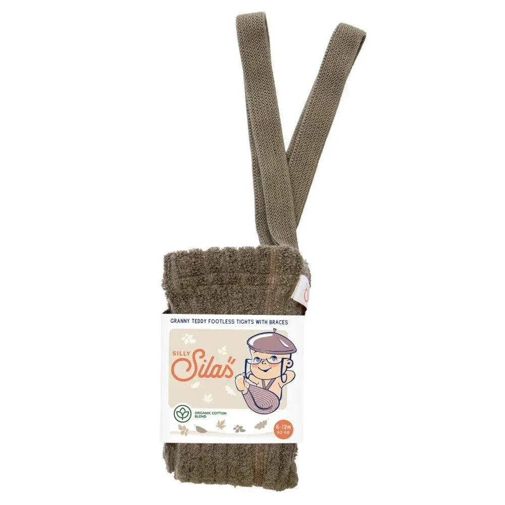 Olivegrünes strickendes Haarband mit Trägern und Verpackung des Produkts Granny Teddy