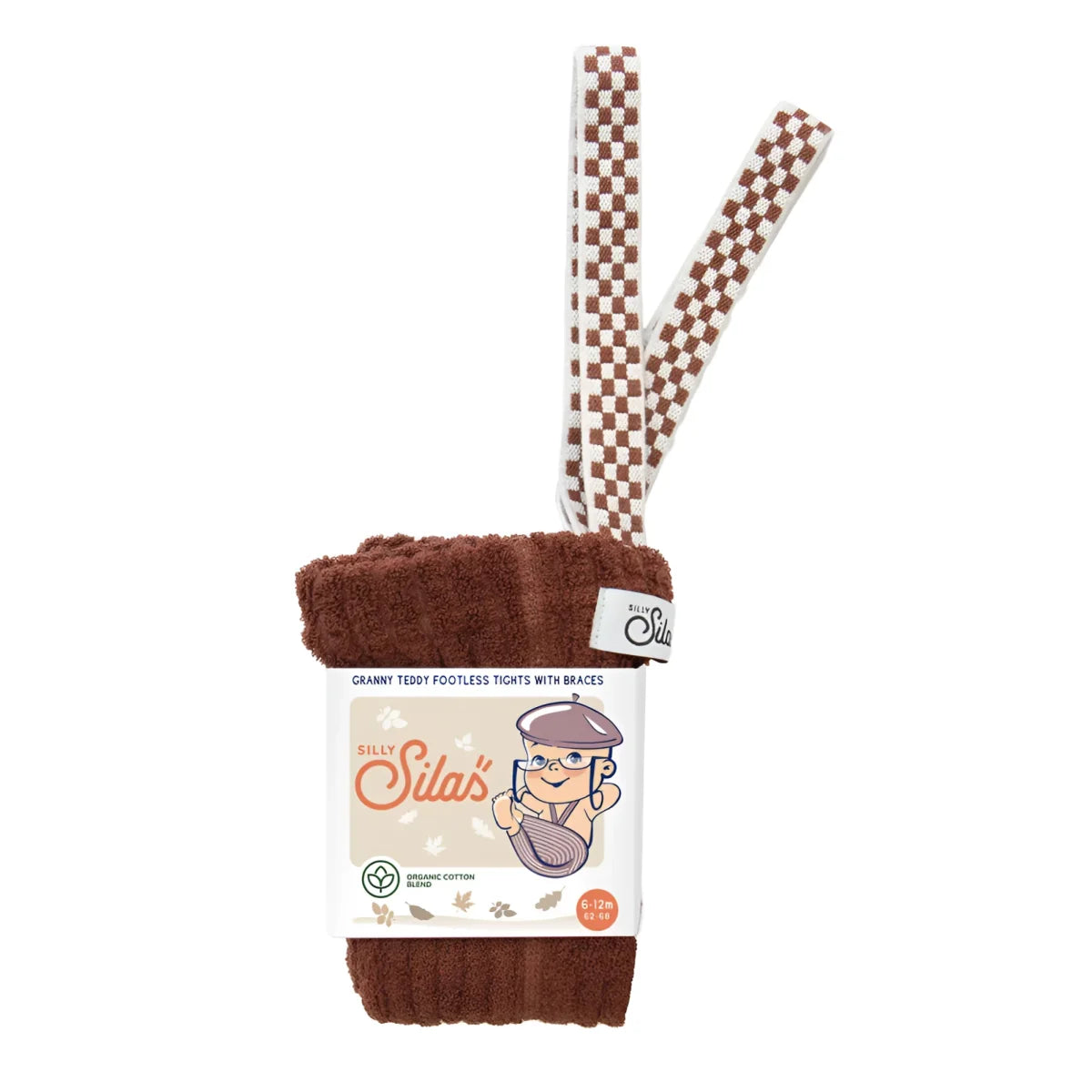 Silly Silas Granny Teddy Strumpfhose in Cinnamon mit braun-weiss karierten Hosenträgern in der Verpackung