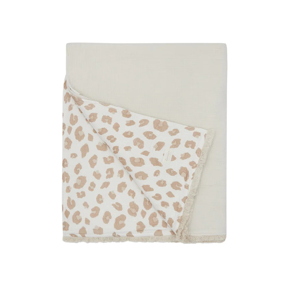 Reversible Grosse Tagesdecke mit solidem Creme- und Leo-Print Seite