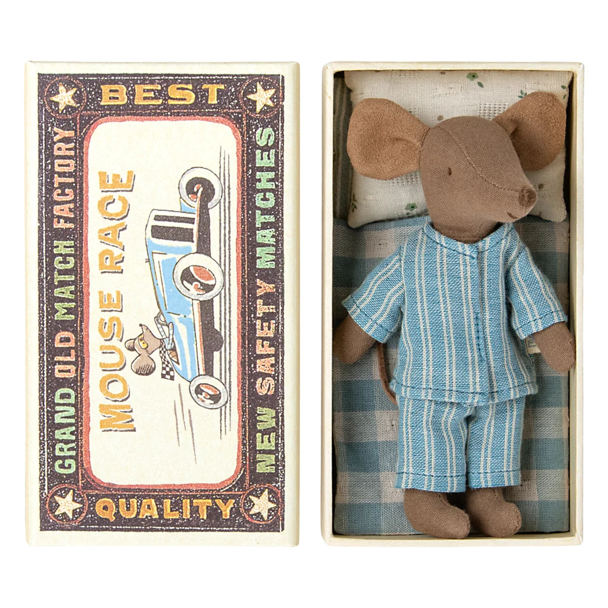 Ein plüschmaus in blau-weiß gestreifter schlafanzug verpackt in einem streichholzschachtel spielzeug geschenk für neugeborene