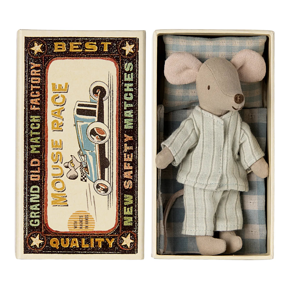 Ein weicher maus-fingerpuppe aus beigem stoff in hellblau-weiss gestreiften pajamas geschenke für neugeborene