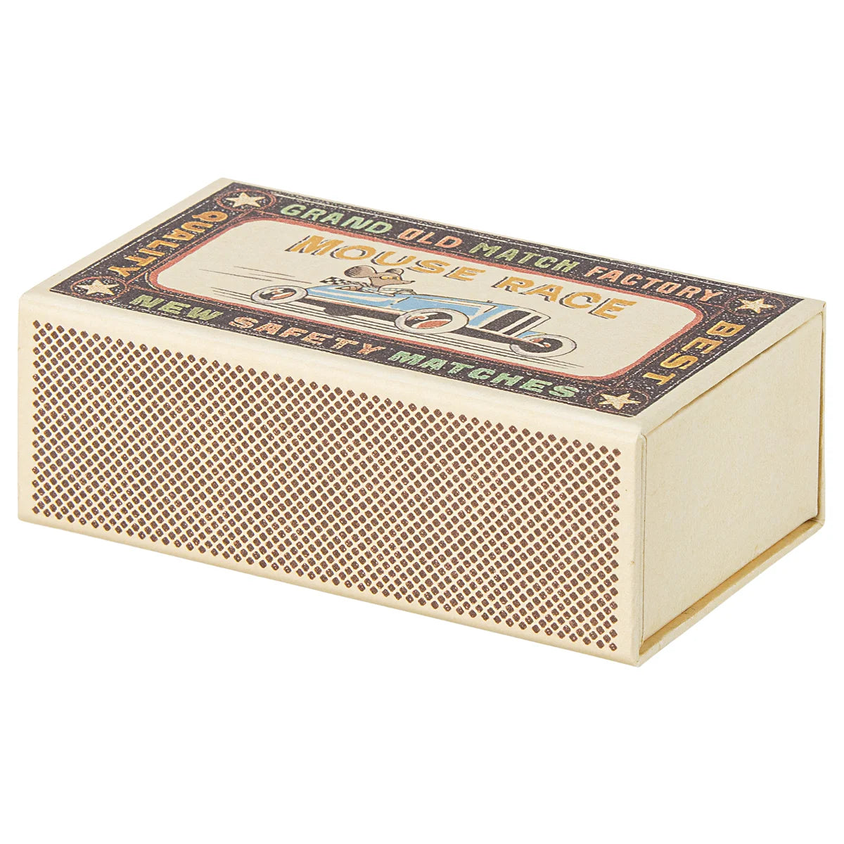 Cremefarbene vintage streichholzschachtel grosser bruder mit perforierter front und retro mausrennen illustration ideal für geschenke für neugeborene
