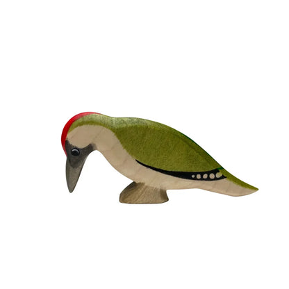 Handgemachter grüner Holzspecht Spielzeug mit rotem Kappe für das Produkt Grünspecht