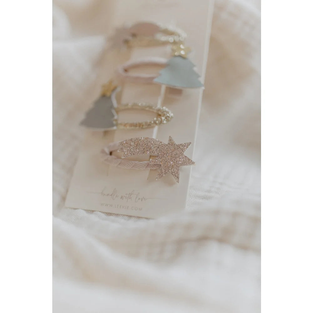 Bunte Haarspangen mit Wolke, Baum, grauem Baum mit Goldtop und glitzernder Stern