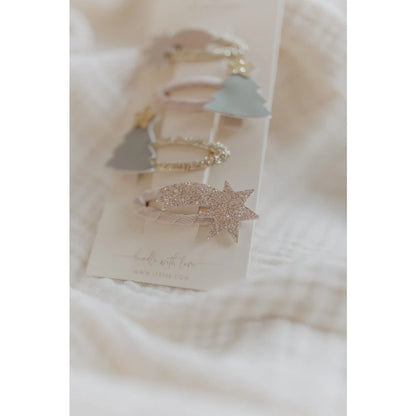 Bunte Haarspangen mit Wolke, Baum, grauem Baum mit Goldtop und glitzernder Stern