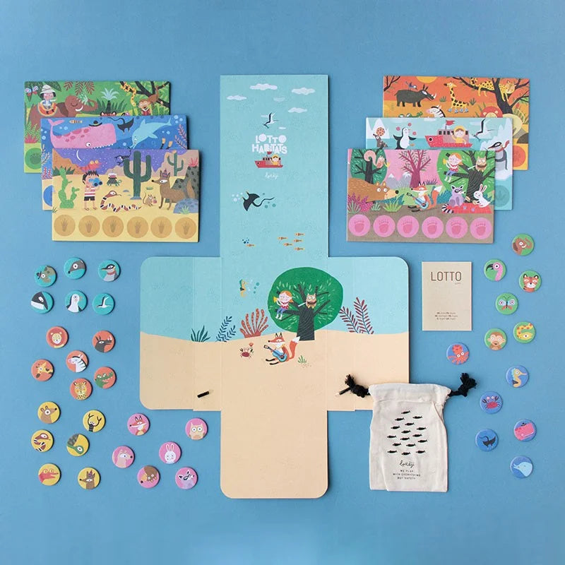 Buntes Lotto-Spielbrett Habitats Lotto mit Tieren und Dschungelszenen