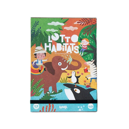 Lotto Habitats Spielbox von Londji mit farbigen Tier- und Kinder-Illustrationen