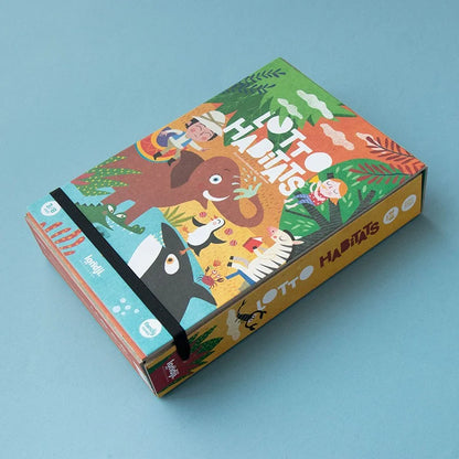 Buntes Kartonbox für Habitats Lotto Kinderspiel mit Tieren und Dschungel