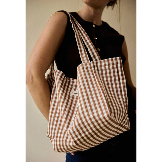 Handbag vichy moka braun weiße karierte canvas tote bag mit kleinem gewebtem label nachhaltig ökologische babyprodukte