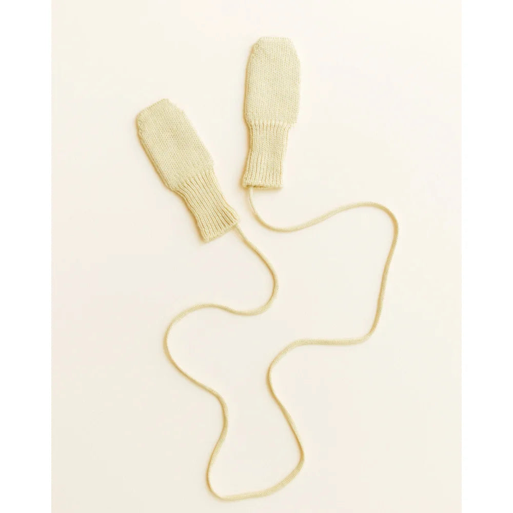 Cremeweiße Strickhandschuhe mit Bündchen und Kordel, hellgelb