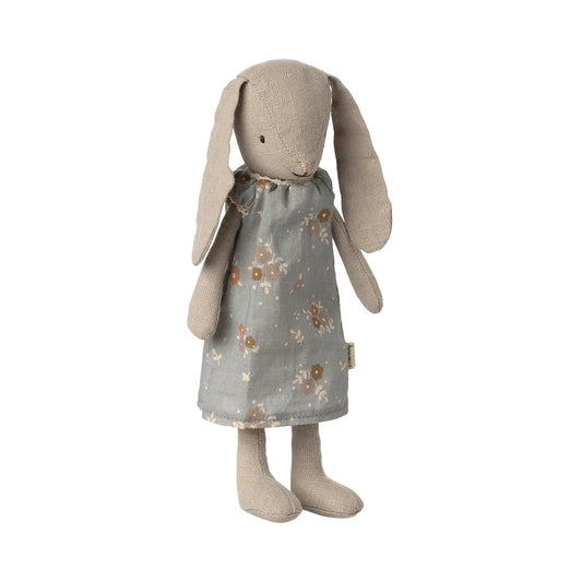 Weiches beige Stoffkaninchen Hase Grösse 1 Klassisch in hellblauem Blumentkleid