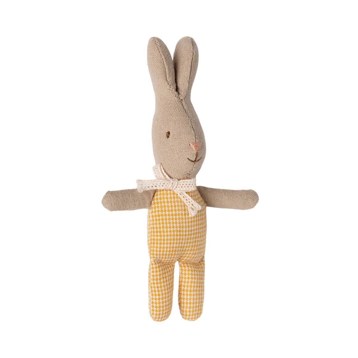 Weiches beige hase stofftier mit gelb-weiß kariertem körper und spitze schleife als geschenk für neugeborene nachhaltig