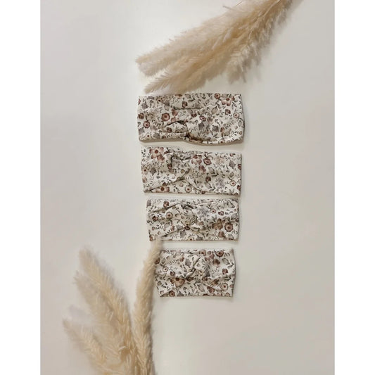 Vier passende Blumen-Haarreifen mit weichem Knoten-Design in gedämpften Erdtönen