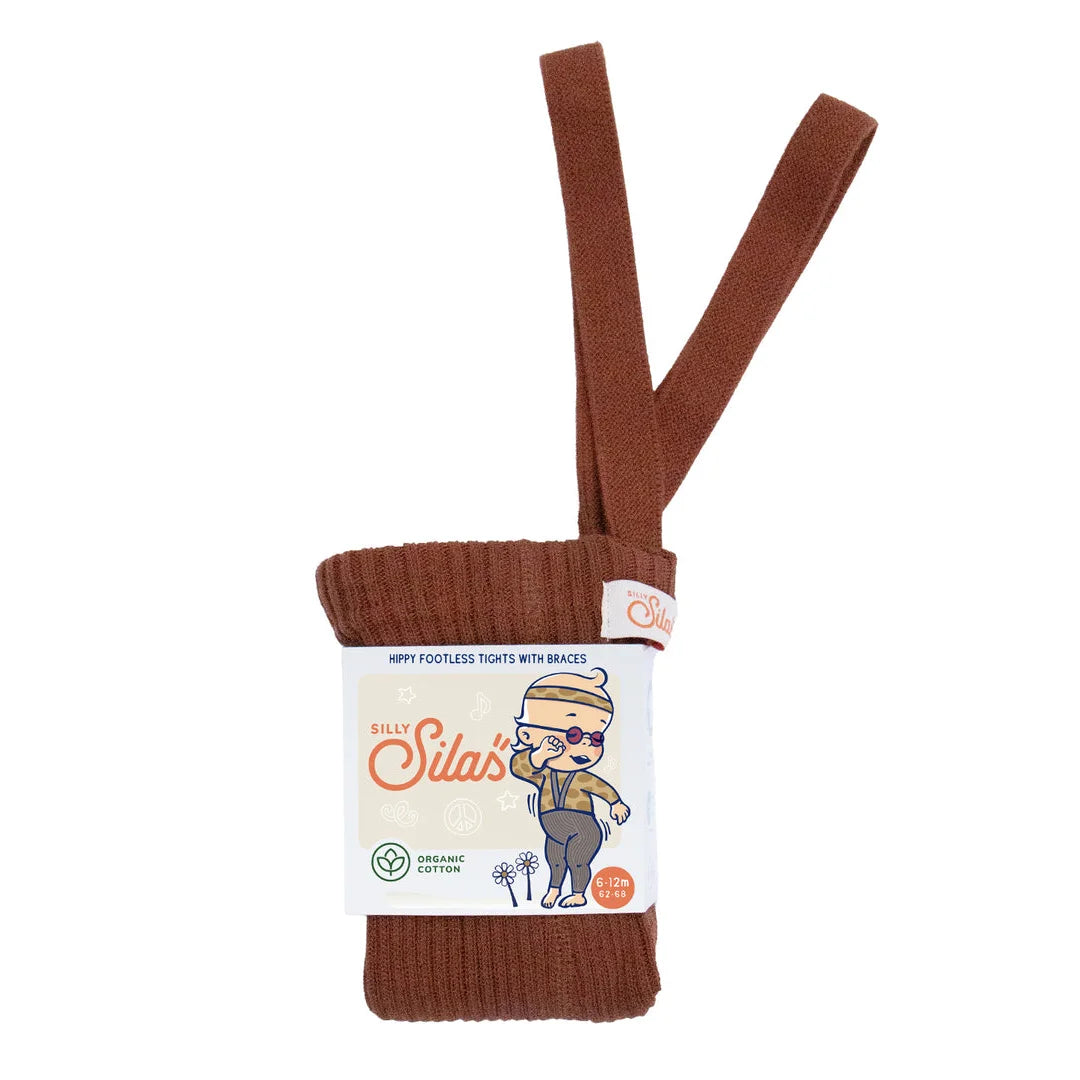 Braune gerippte Hippy-Fußlose Strumpfhose mit Trägern, Cinnamon, verpackt