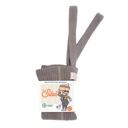 Grauer Babytrager aus Cord mit langen Trägern und einem Cartoon-Charakter-Anhänger