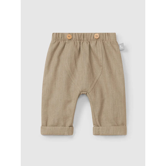 Beige Babyhosen aus Leinen mit Baumwolle und Knopfdetails in Kaffee