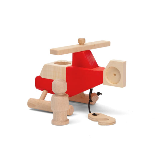 Rotes und weißes Holz-Hubschrauber-Spielzeug CARLSON mit rotierendem Rotor