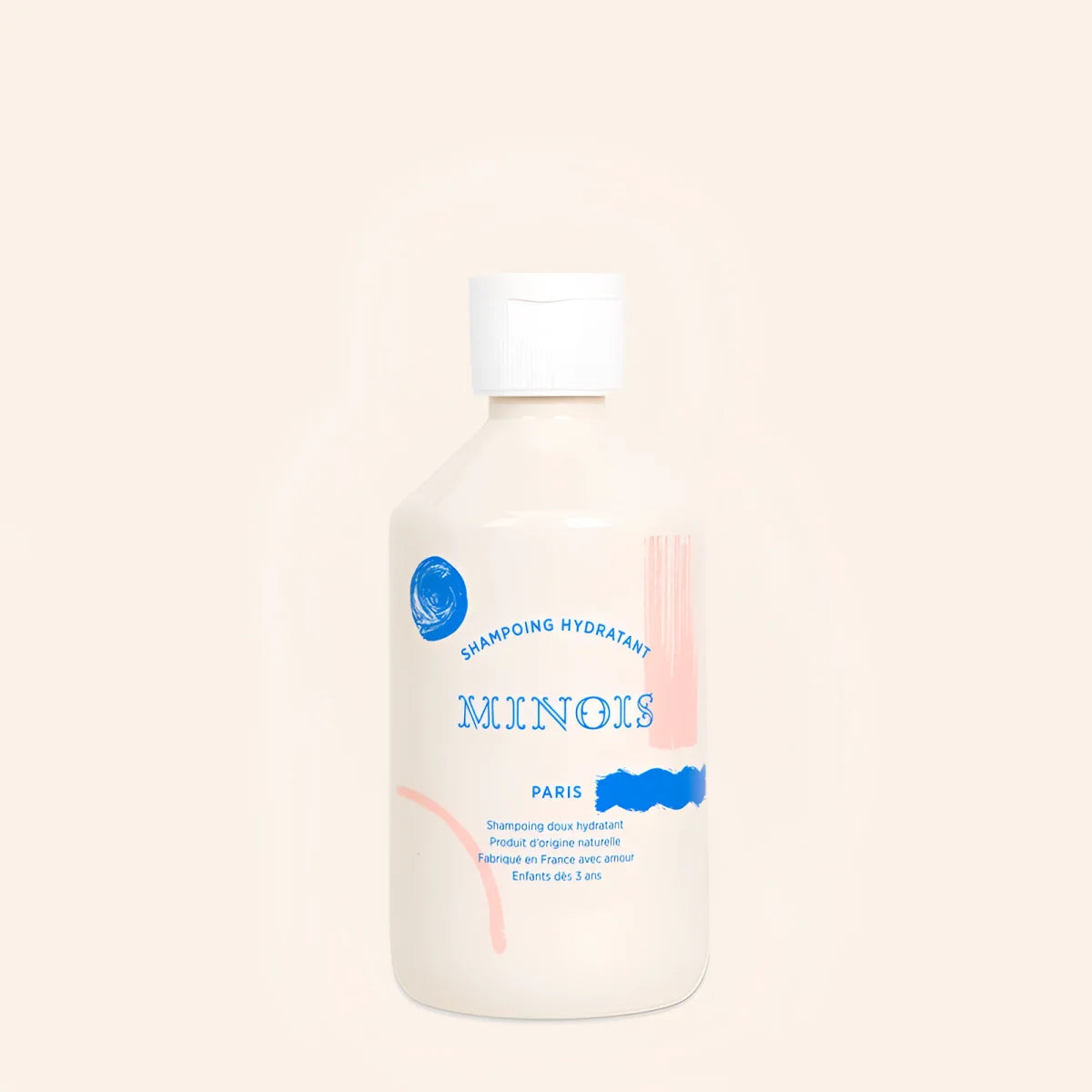 Cremefarbene plastikflasche minois paris hydratisierendes shampoo 300 ml mit blau-rosa abstraktem etikett