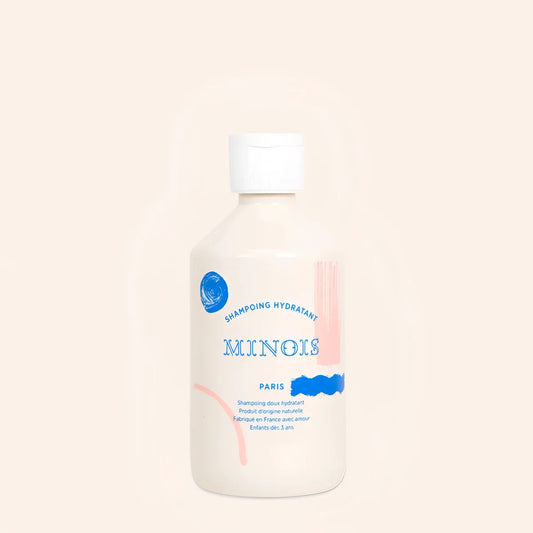 Cremefarbene plastikflasche minois paris hydratisierendes shampoo 300 ml mit blau-rosa abstraktem etikett