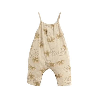 Beiger Baby-Romper mit dünnen Trägern und Blumen- sowie Fahrrad-Muster von Skin Zitrus