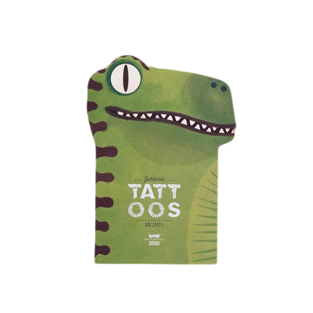 Grünes Cartoon-Dinosaurier-Kopf-Design mit breitem Grinsen für Jurassic Tattoos