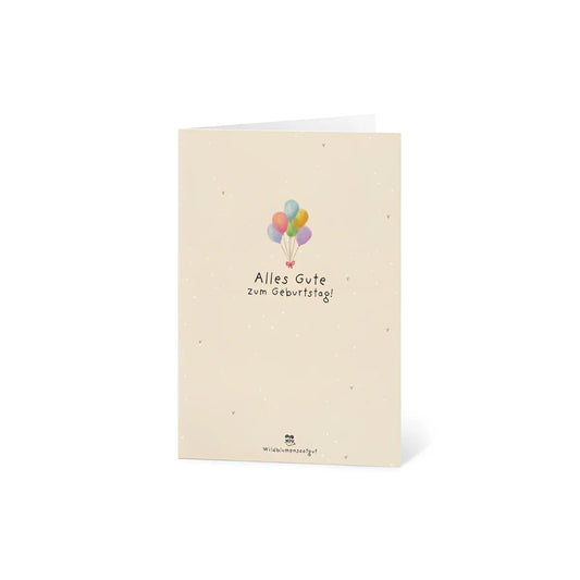 Eine weiche cremefarbene karte mit bunten luftballons und alles gute zum geburtstag text für geschenke für neugeborene