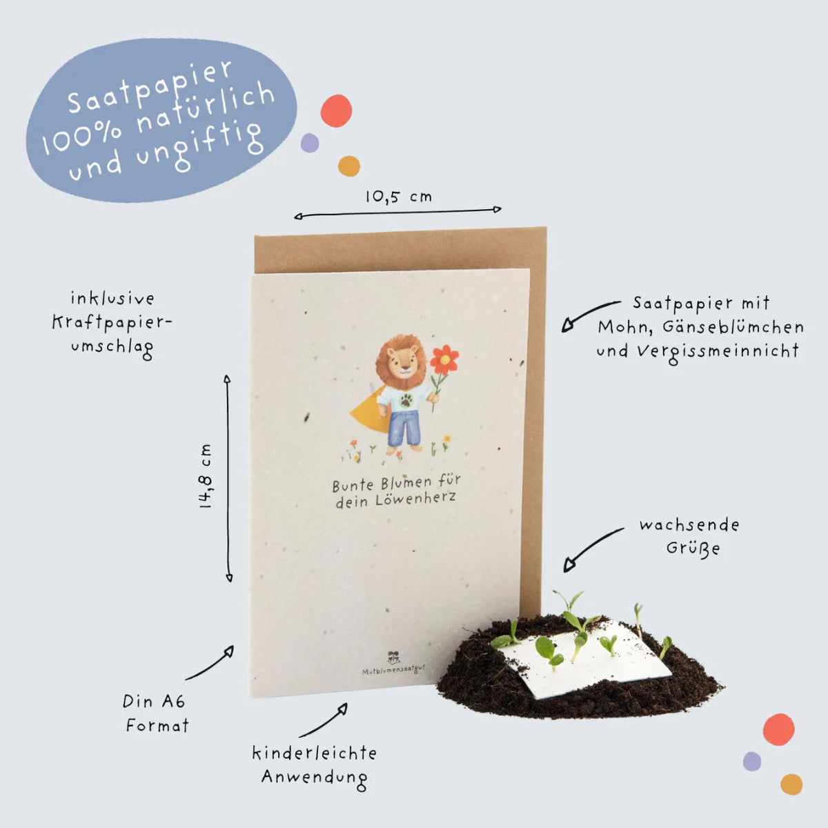 Eine charmante cremefarbene karte karte back-to-school löwe mit samenpapier und cartoons für ökologische baby- & kinderprodukte