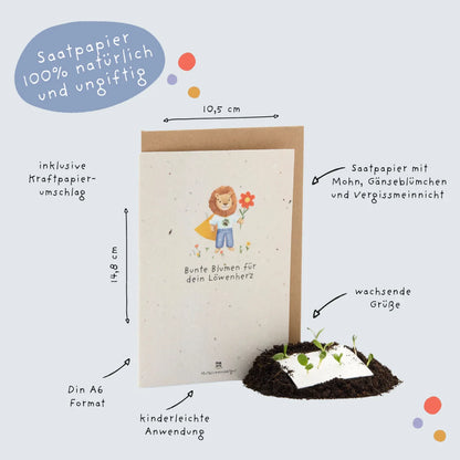 Eine charmante cremefarbene karte karte back-to-school löwe mit samenpapier und cartoons für ökologische baby- & kinderprodukte