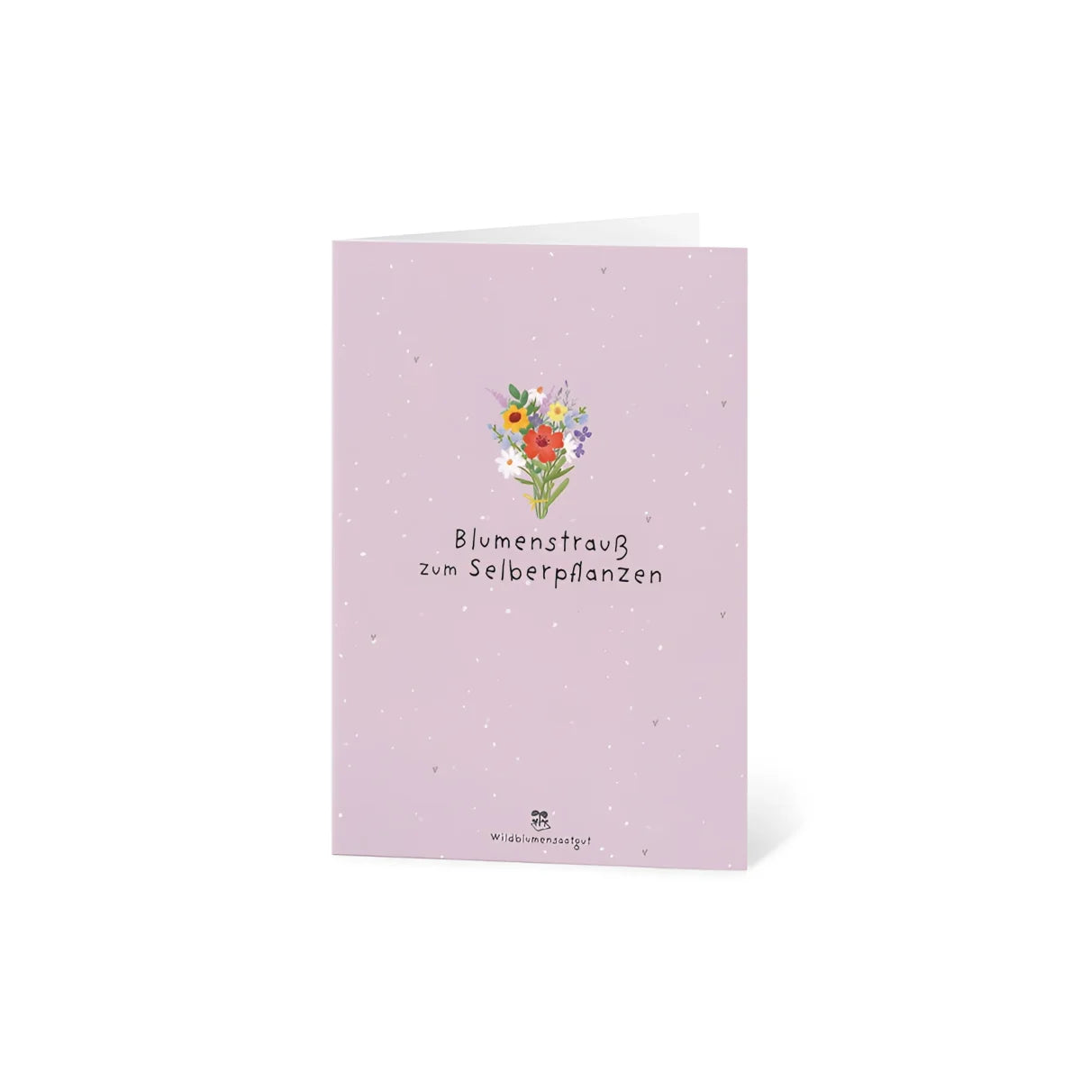 Eine soft lavendelfarbene karte mit zartem aquarellblumenstrauß und text blumenstrauß zum selberpflanzen ideal für ökologische baby- & kinderprodukte