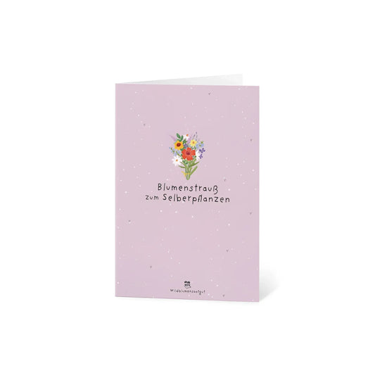 Eine soft lavendelfarbene karte mit zartem aquarellblumenstrauß und text blumenstrauß zum selberpflanzen ideal für ökologische baby- & kinderprodukte