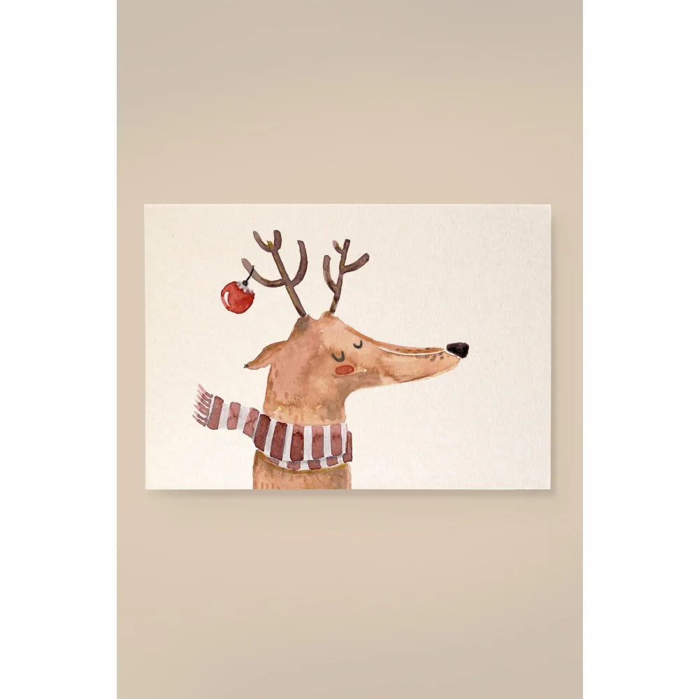 Wasserfarbenbild eines Rentiers mit rotem Schmuck und Streifenschal für Karte Rentier