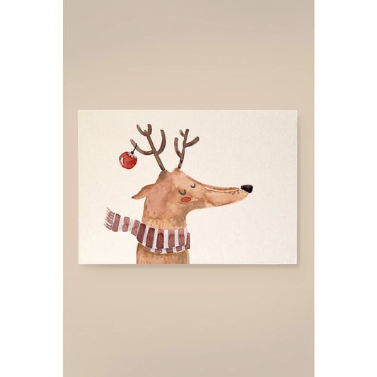 Wasserfarbenbild eines Rentiers mit rotem Schmuck und Streifenschal für Karte Rentier