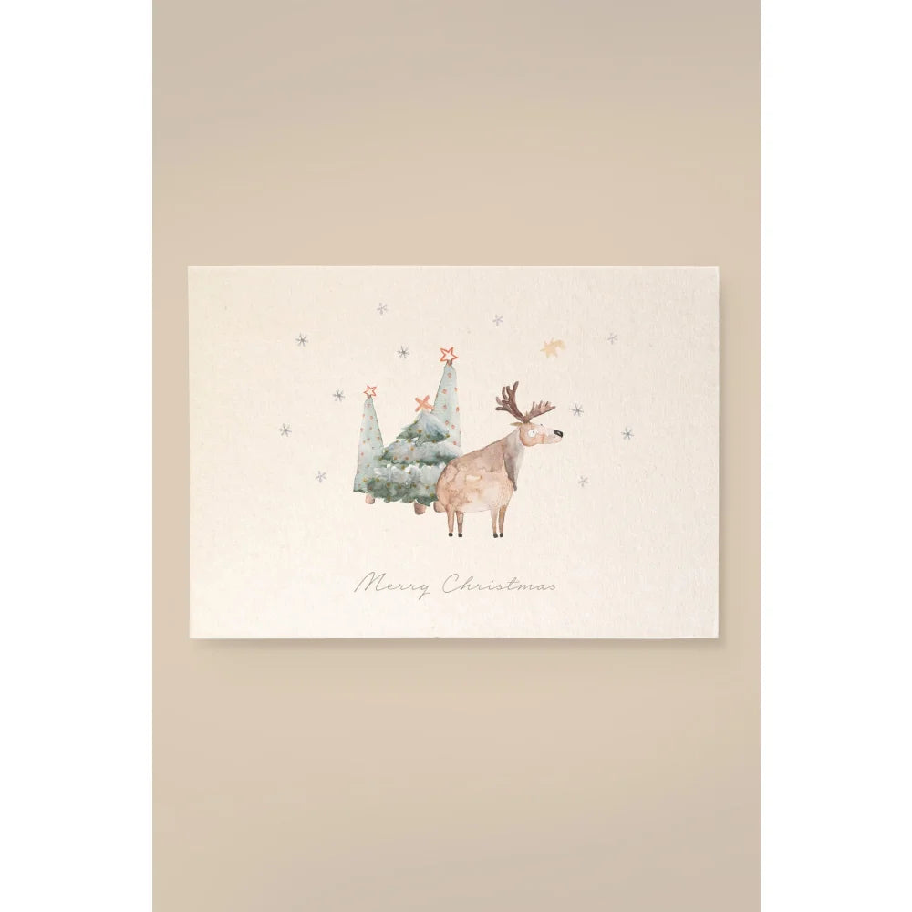Weihnachtskarte mit Wasserfarbenfirmen, Reh und Merry Christmas Text aus Holzschliffpappe
