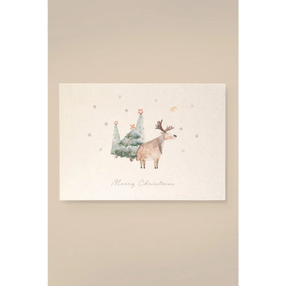 Weihnachtskarte mit Wasserfarbenfirmen, Reh und Merry Christmas Text aus Holzschliffpappe