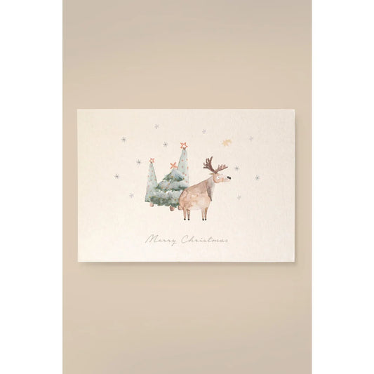 Weihnachtskarte mit Wasserfarbenfirmen, Reh und Merry Christmas Text aus Holzschliffpappe